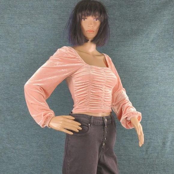 Barbie Pink Velvet Long Sleeve Ruched Crop Top, Square Neckline Juniors - Picture 2 of 13